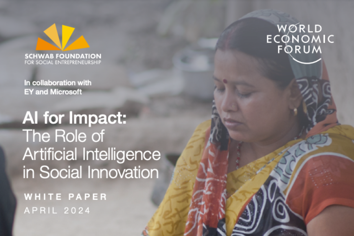 Cover of the white paper titled 'AI for Impact: The Role of Artificial Intelligence in Social Innovation,' featuring the Schwab Foundation for Social Entrepreneurship logo, in collaboration with EY and Microsoft, and a photo of a woman in traditional attire.